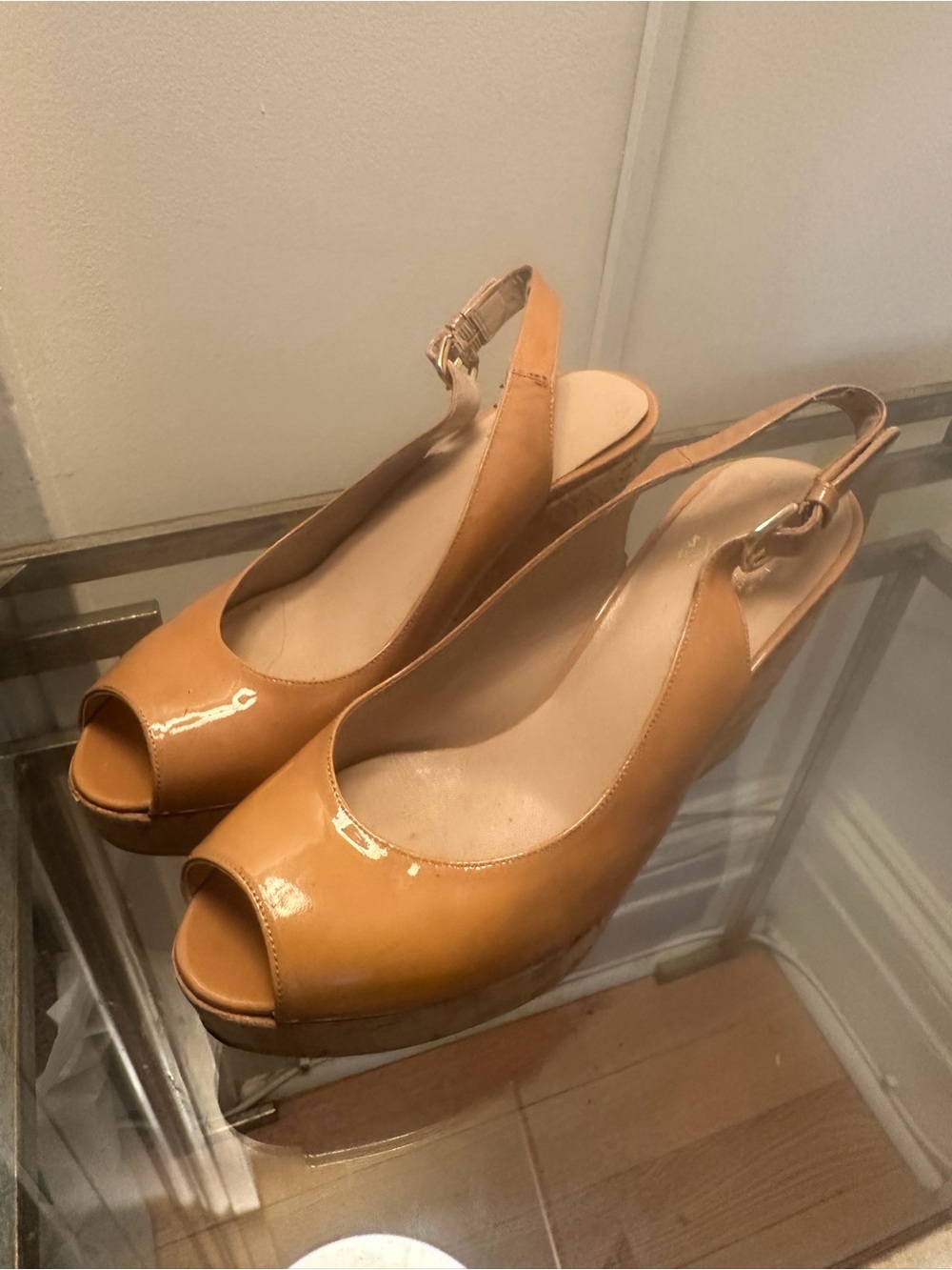 Stuart Weitzman Tan Patent Peep-Toe Slingback Wedges